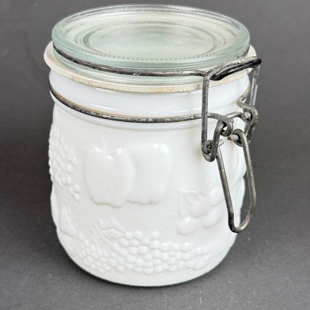 Vintage White Milk Glass 1/2L Canister Jar Clamp Bail Lid Grape Fruit Pattern